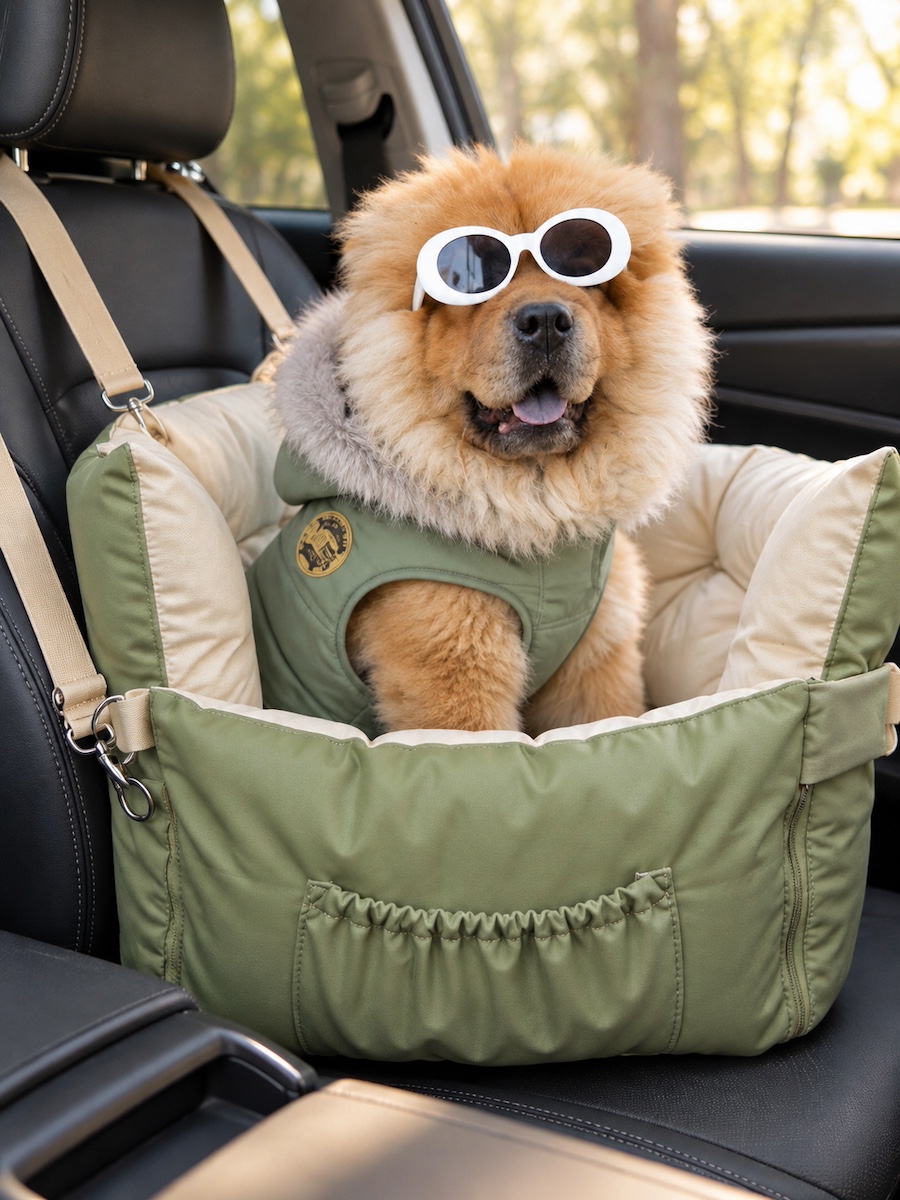 A fluffy dog in sunglasses riding in a car seat