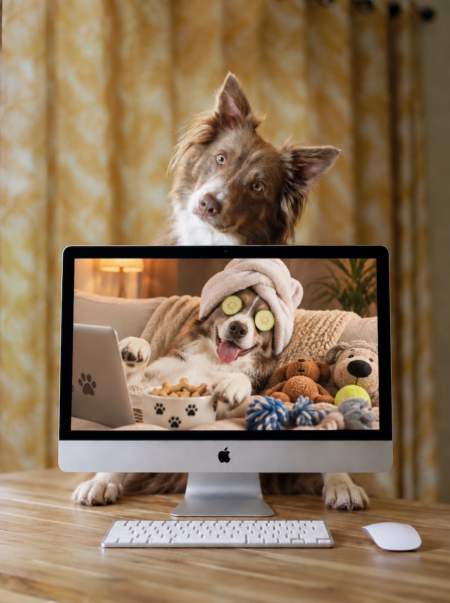 A border collie peeking over a monitor showing a spa-day photo of itself